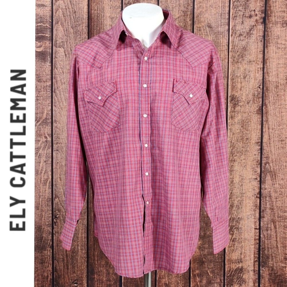 Vtg Mens Ely Cattleman Plaid Western Snap Button Up Western Shirt
